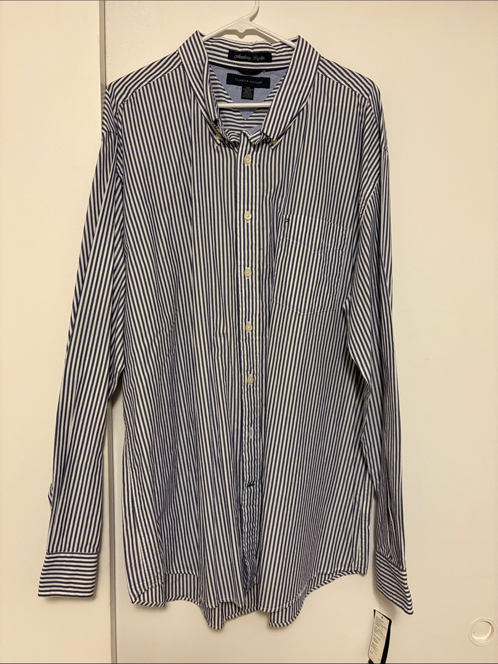 Tommy Hilfiger Men’s Navy and White Vertical Stripe Button-Down Shirt